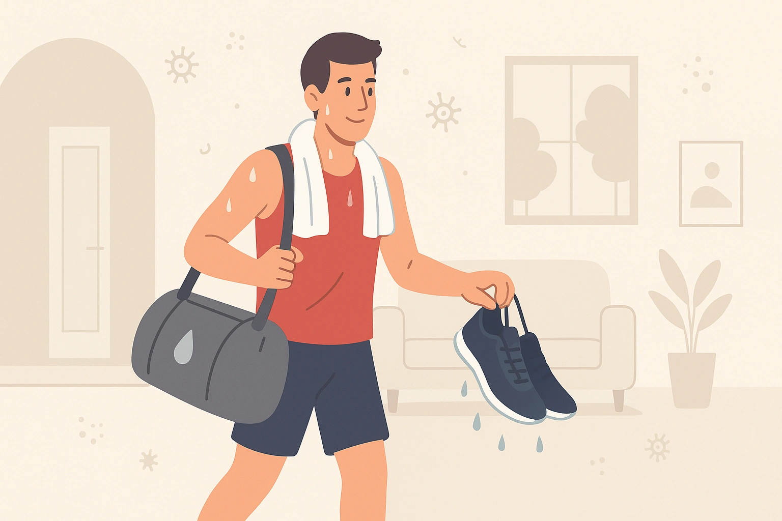 Sports gear placed neatly in a clean room